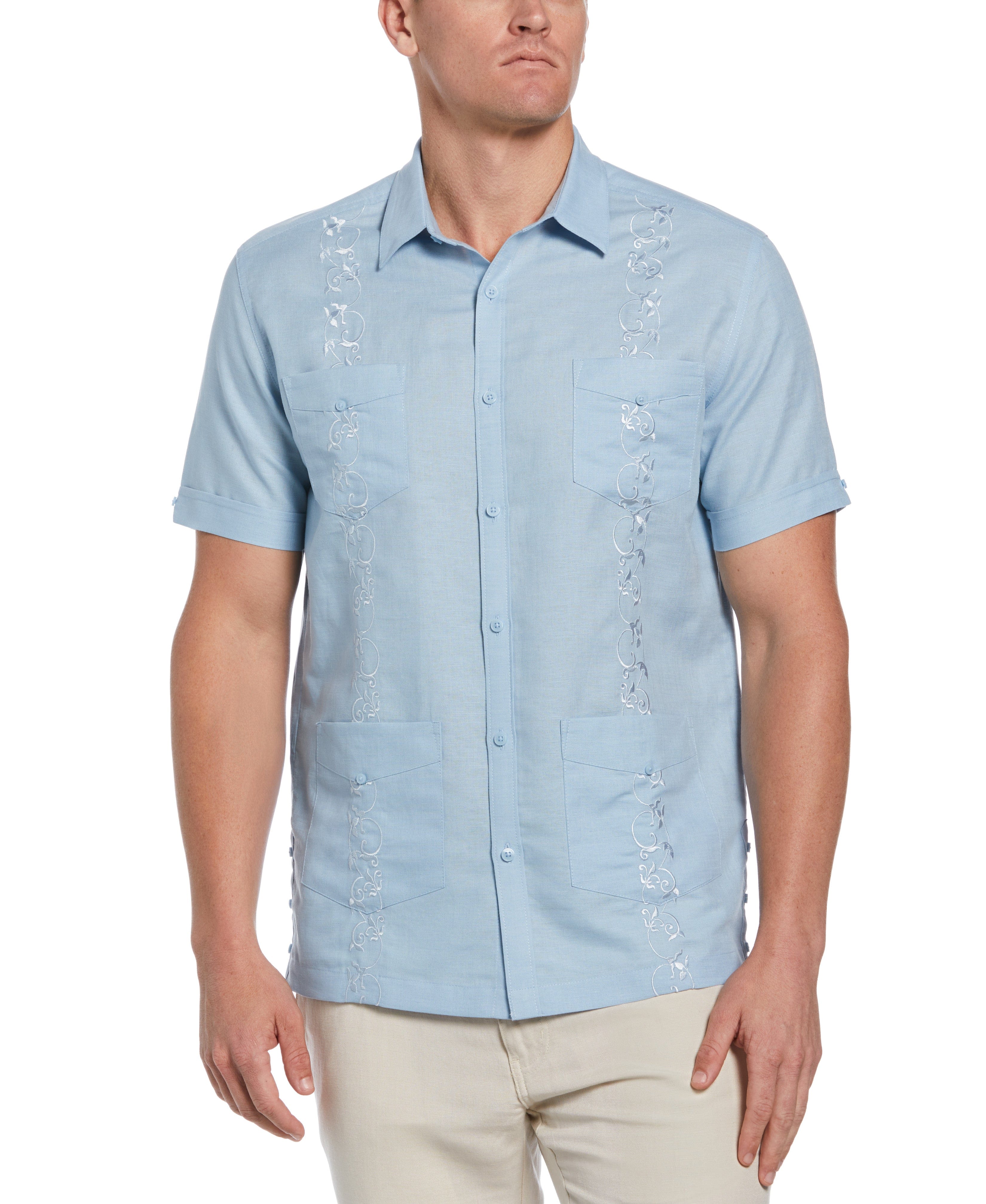 Big & Tall Linen Blend Tonal Embroidery Guayabera Shirt
