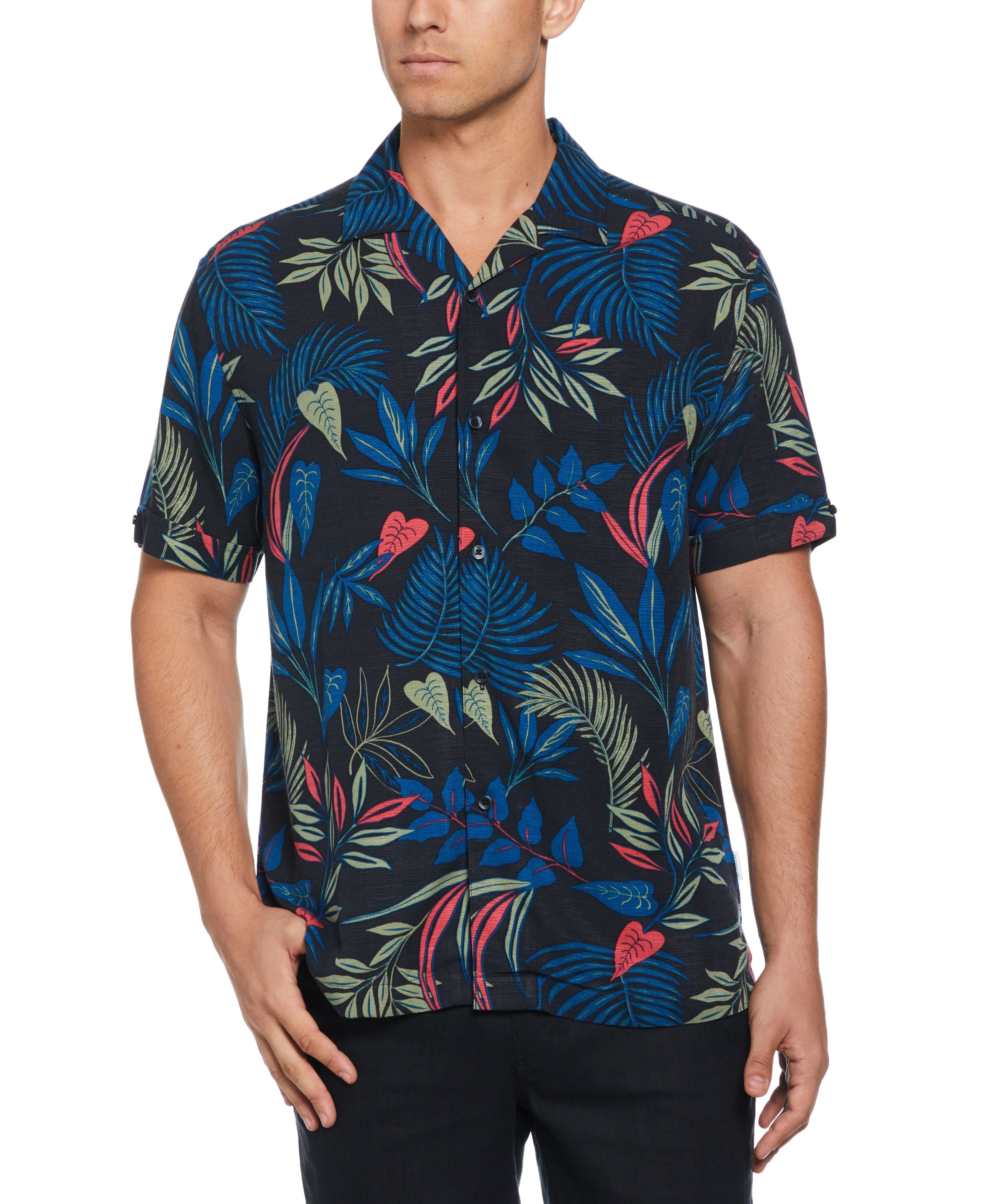 Big & Tall Textured Tropical Print Cuban Collar Shirt