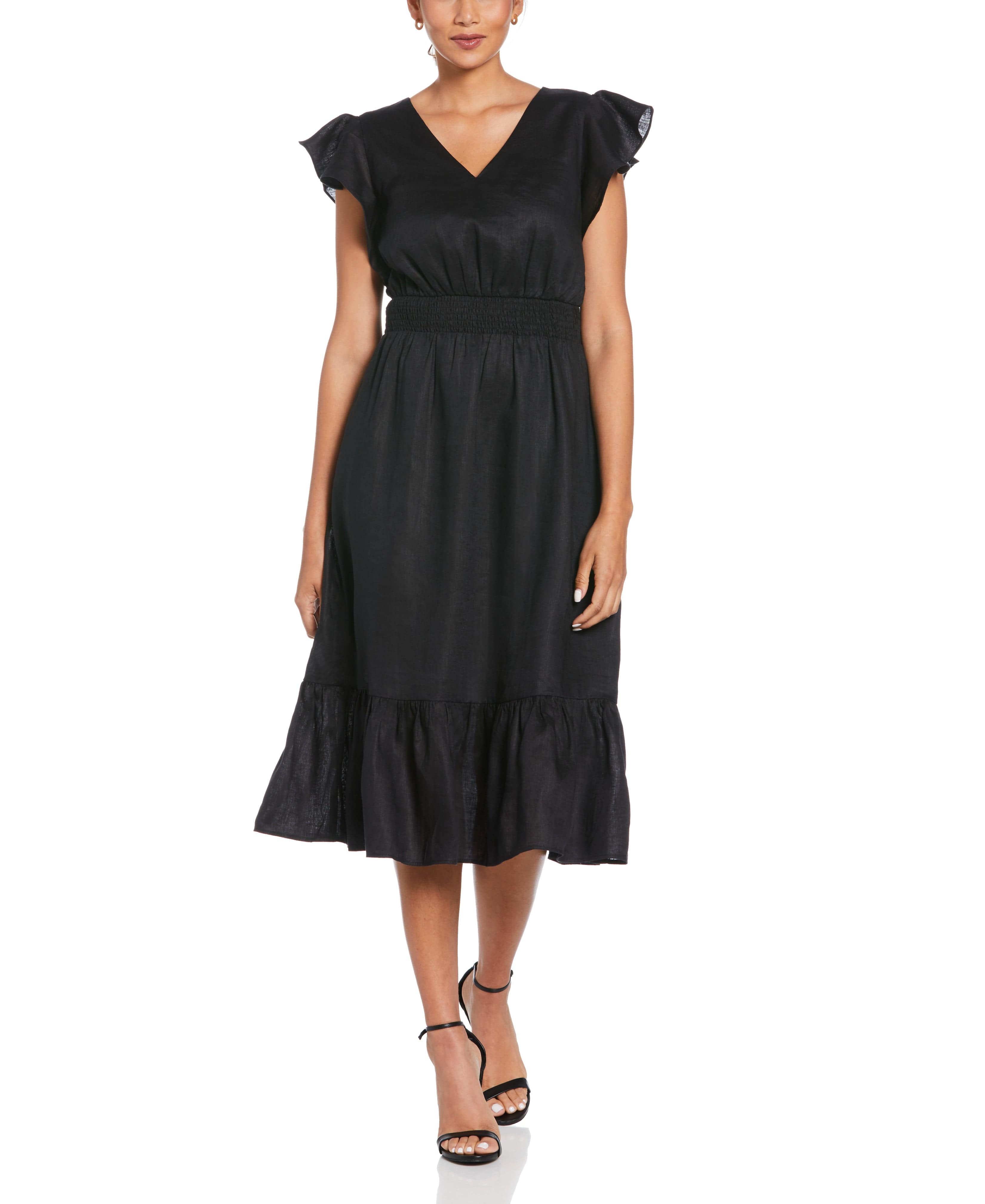 Linen V-Neck Ruffle Sleeve Maxi Dress