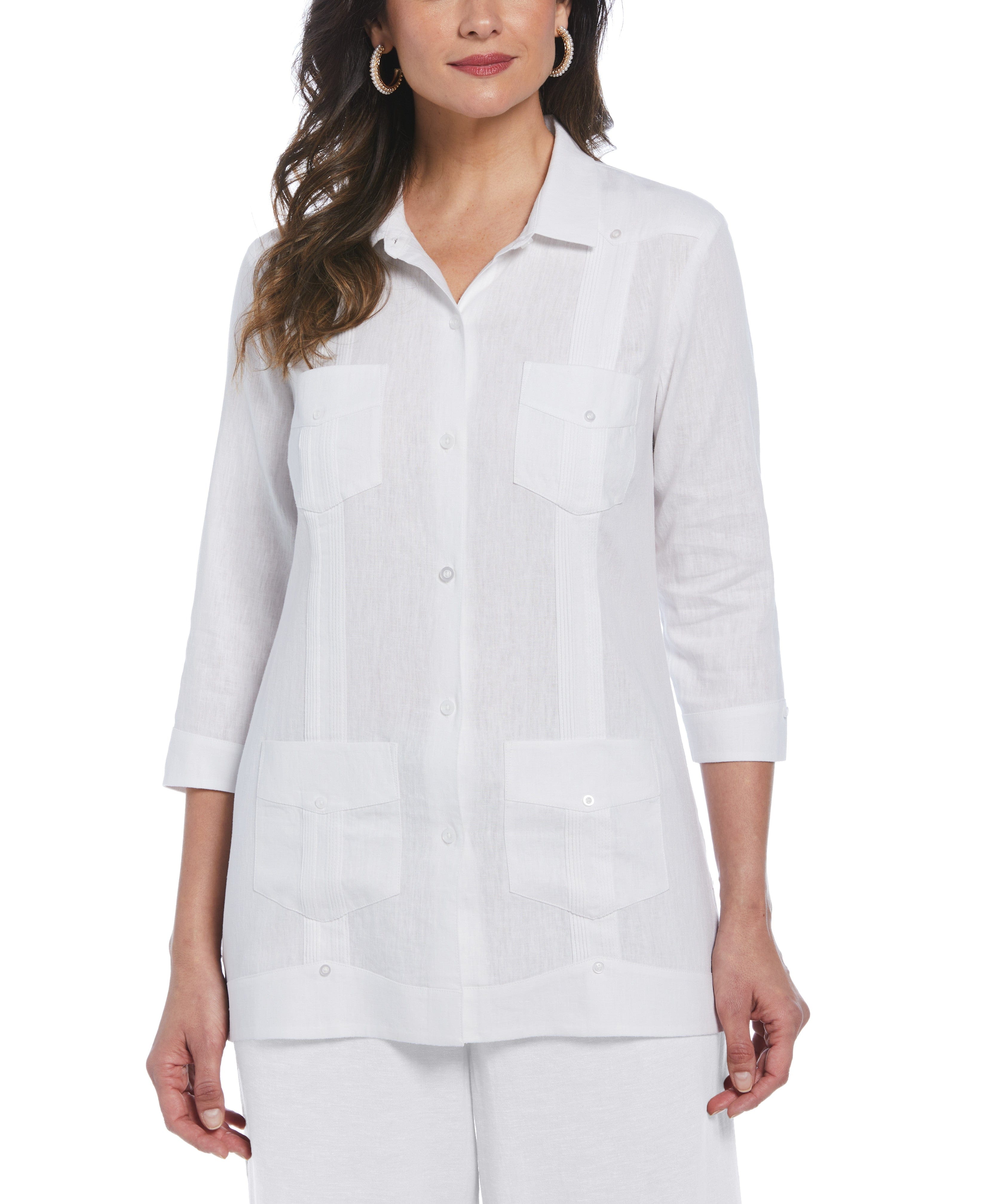 Women's Linen Blend Guayabera Shirt - White