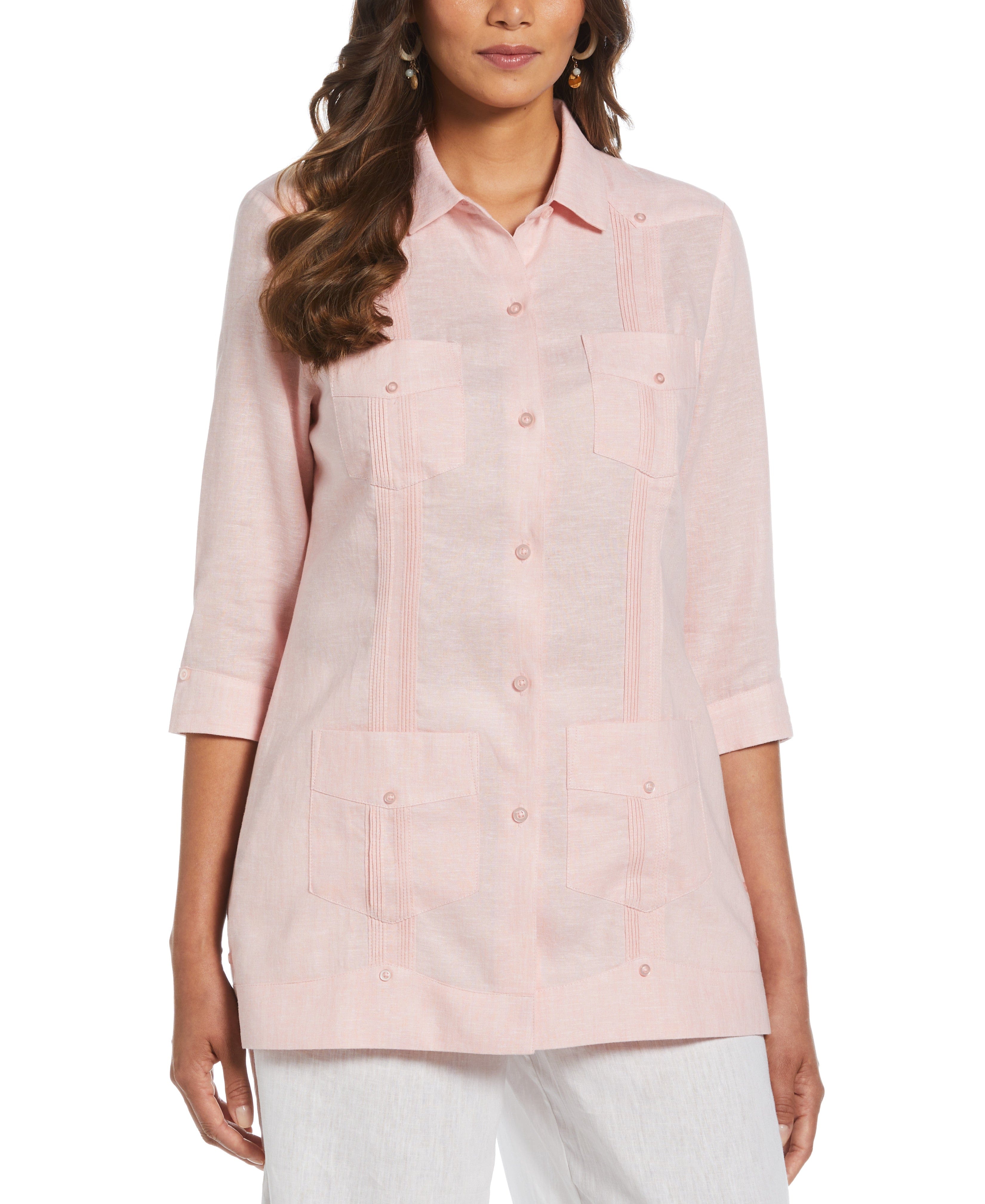 Women's Two-Tone Linen Blend Guayabera Shirt - Pink